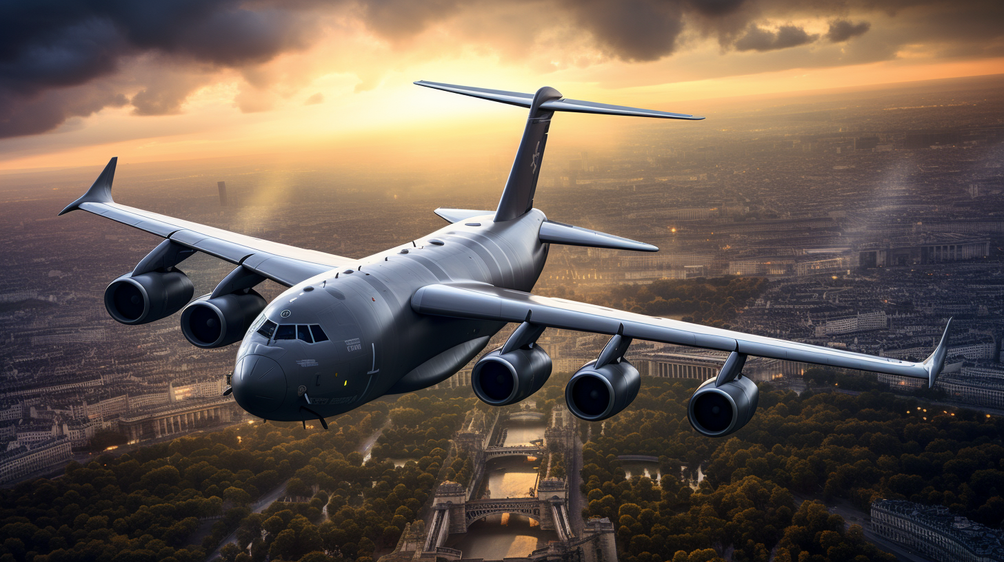 Boeing C-17 Globemaster flying over Eiffel Tower