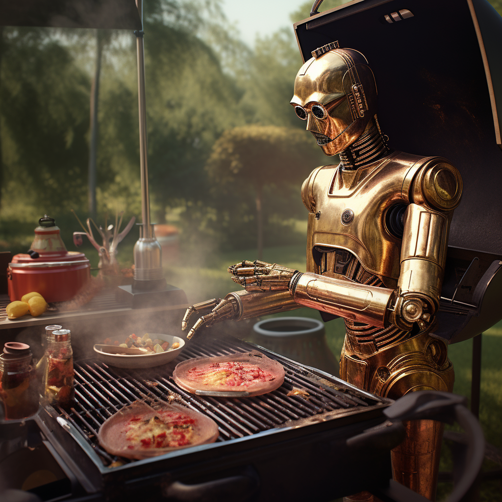 C-3PO grilling delicious burgers