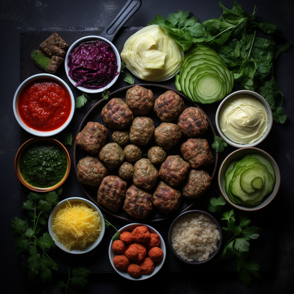 Knolling of cabbage rolls and meatballs