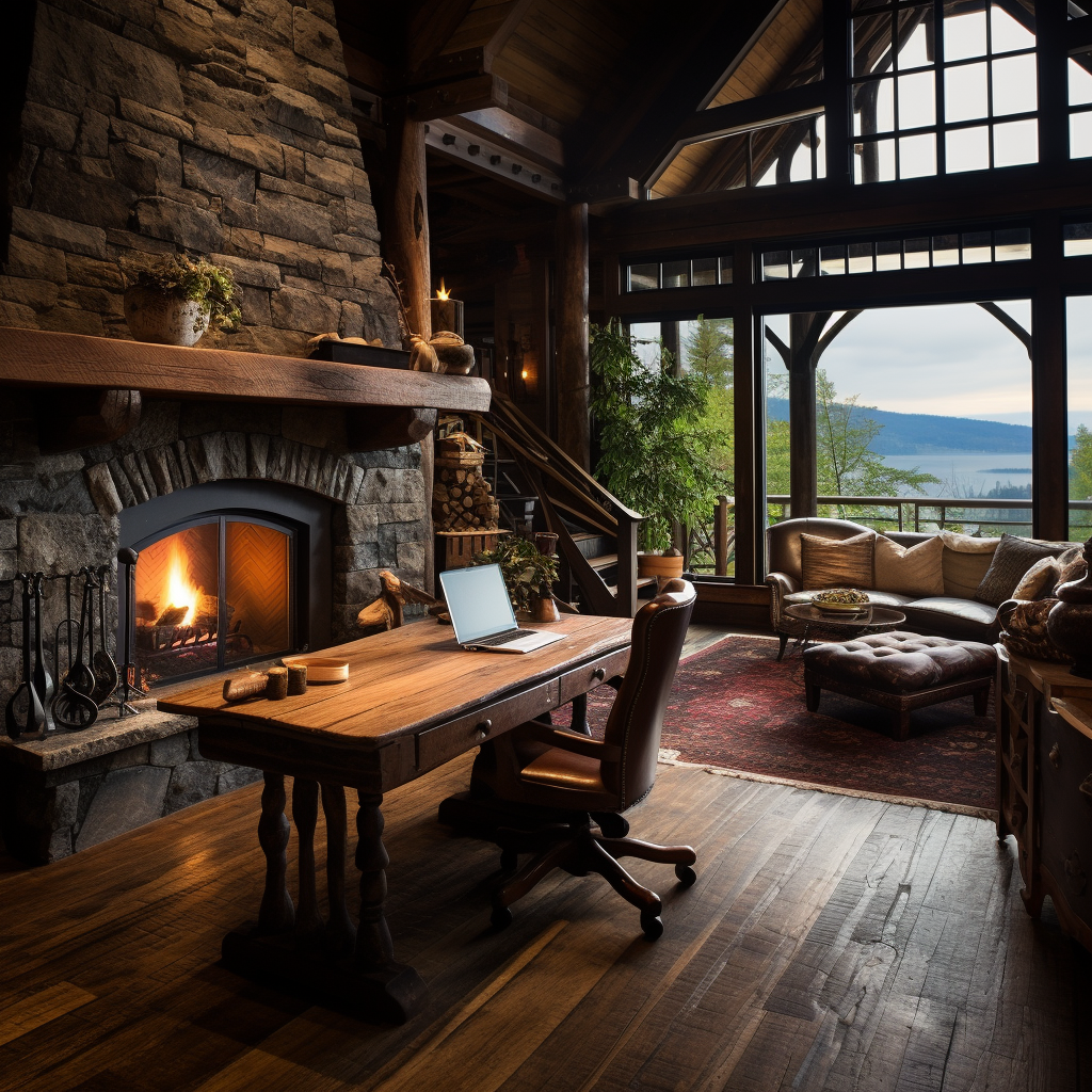 Cozy cabin great room with fireplace and desk area