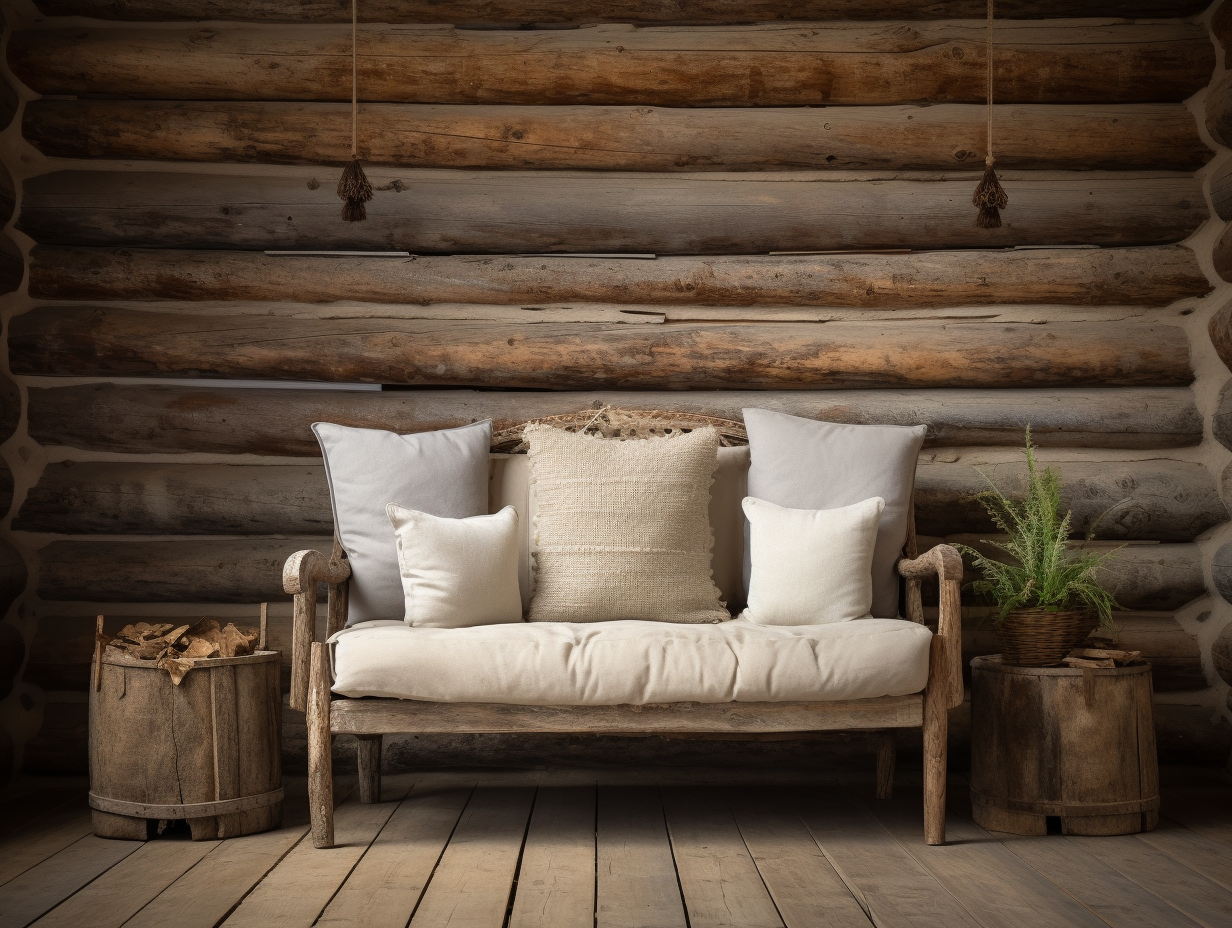 Rustic log cabin with primitive furnishings