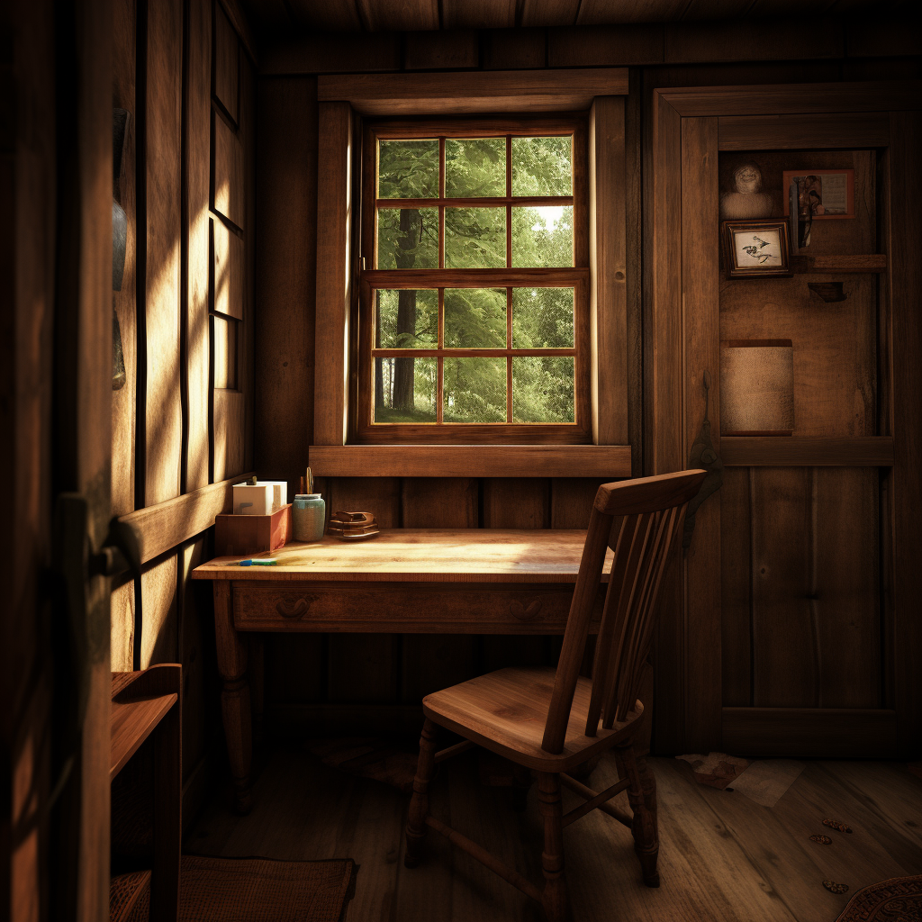 Cabin interior with window, door, and wooden table