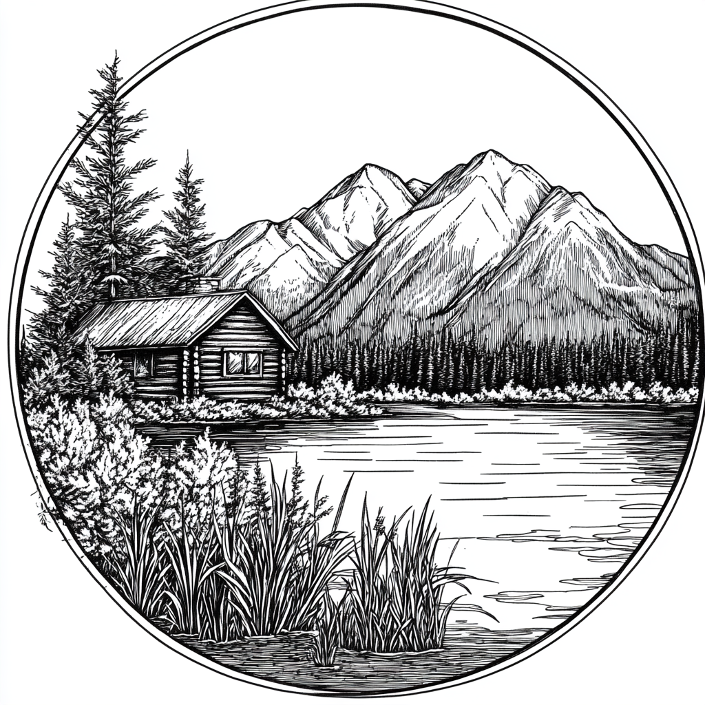 Elegant cabin lake mountains trees drawing