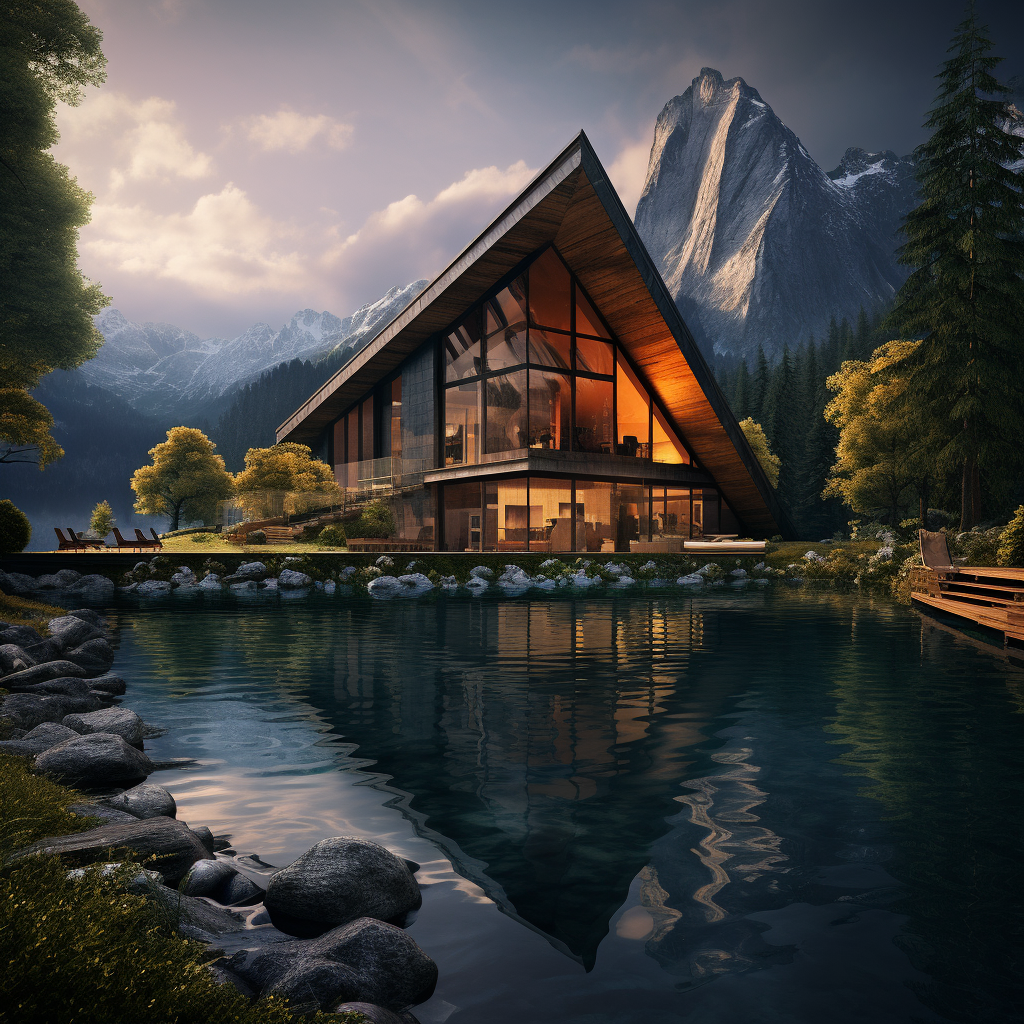 Hyperrealistic cabin in mountain lake