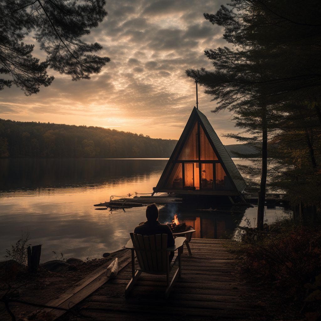 Man sitting by campfire in beautiful cabin setting