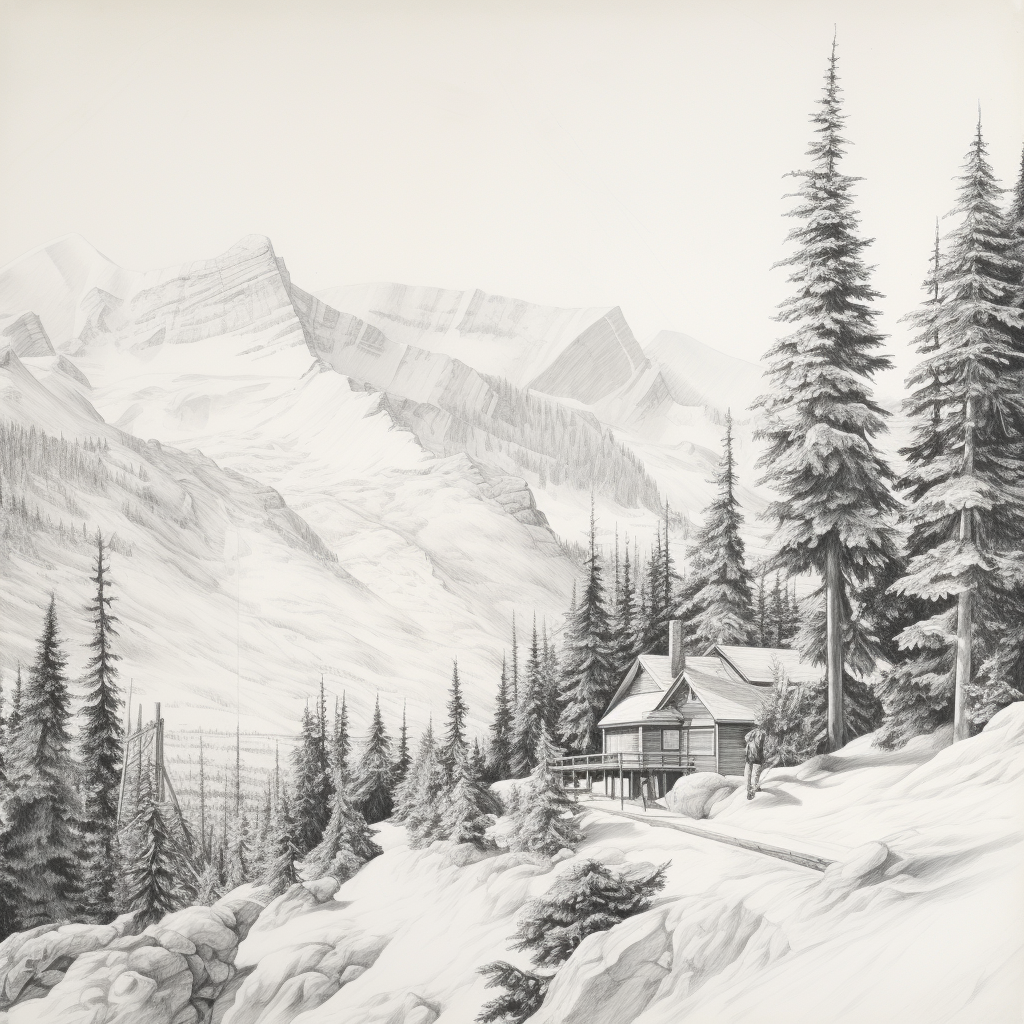 Pencil drawing of cabin in woods