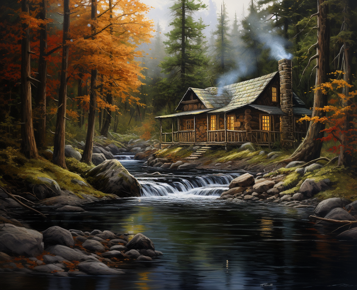 Detailed cabin in the woods painting