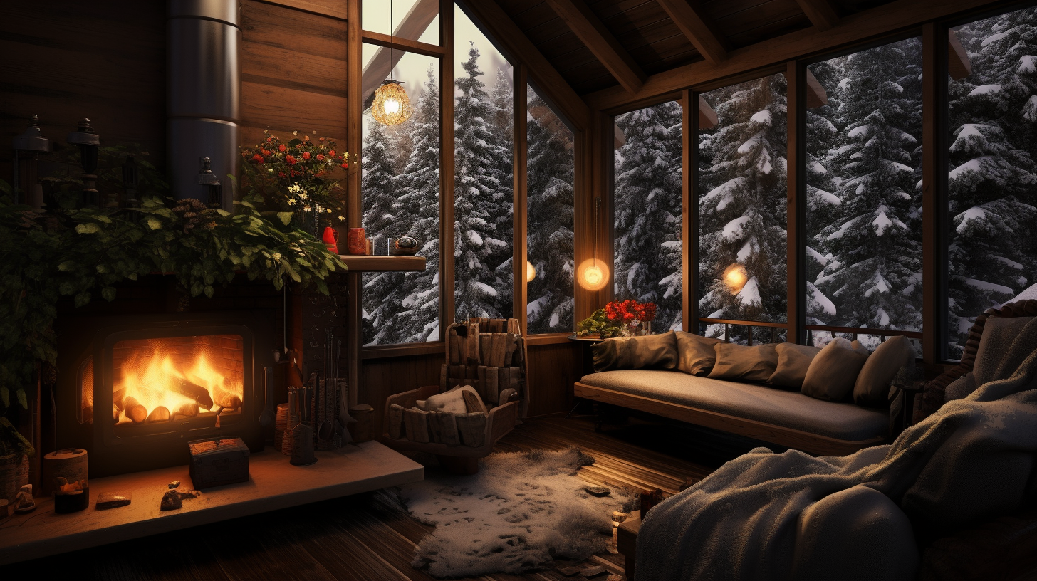 Cozy cabin in woods with snow and fireplace