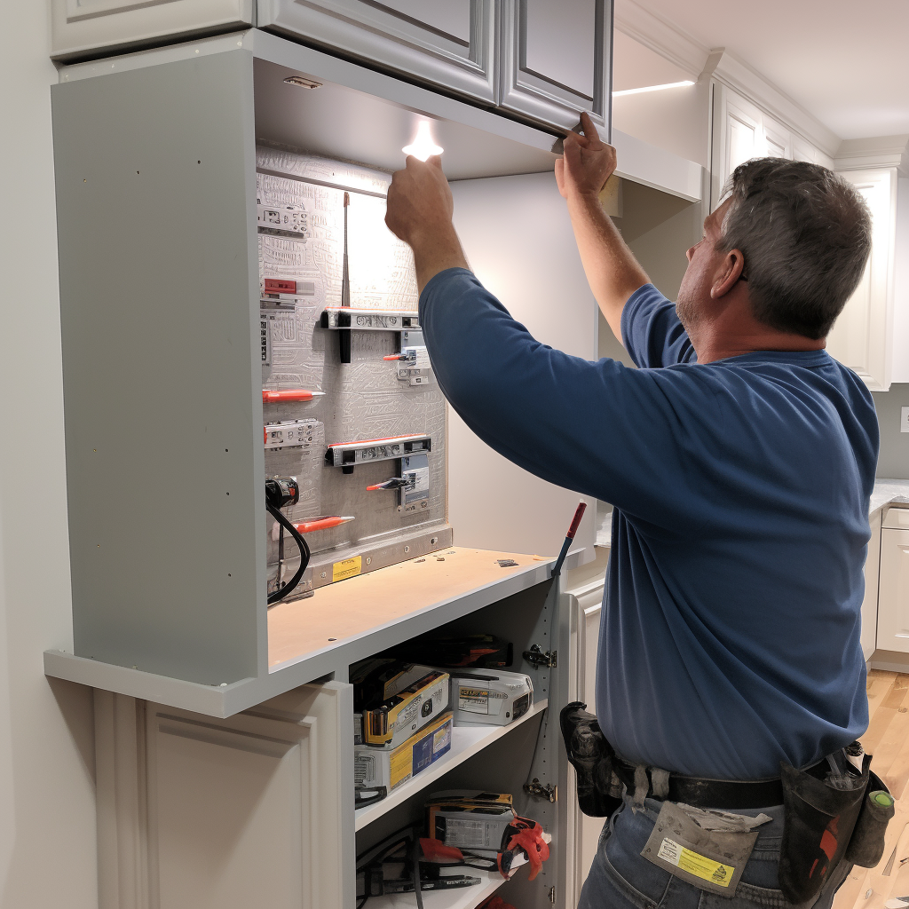 Skilled cabinet installer installing a beautiful cabinet