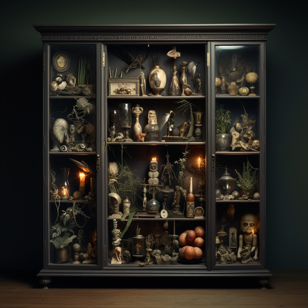 Photorealistic cabinet of curiosities on dark background