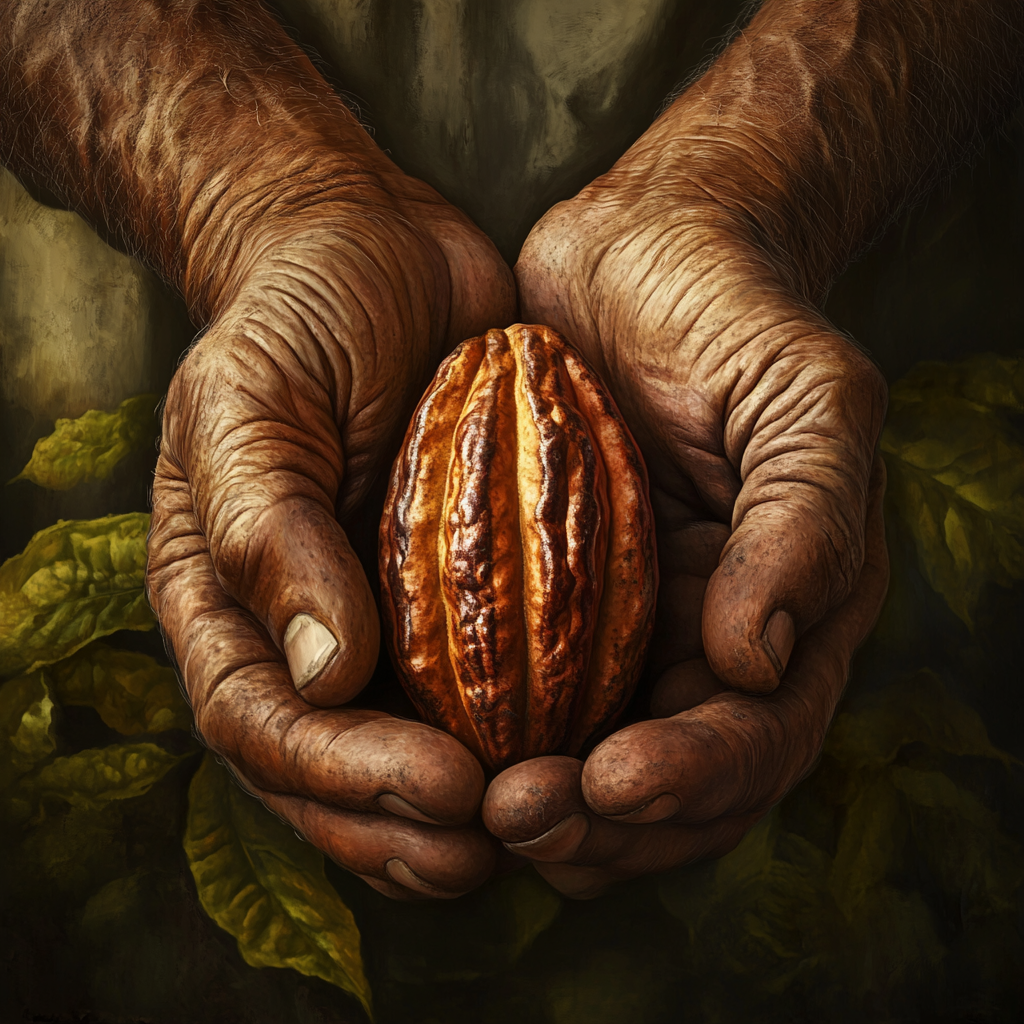 Cacao farmer holding cacao pod