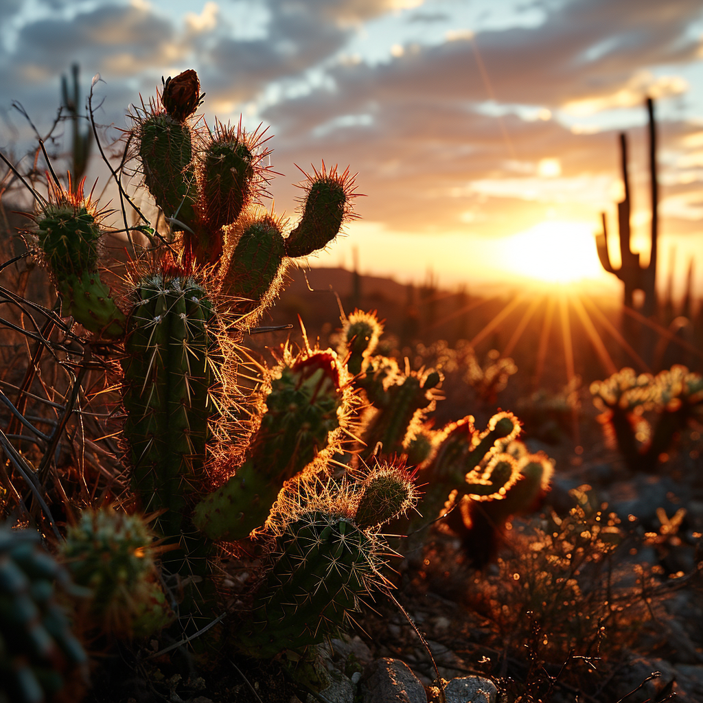 Beautiful silhouettes of cacti against the morning sky