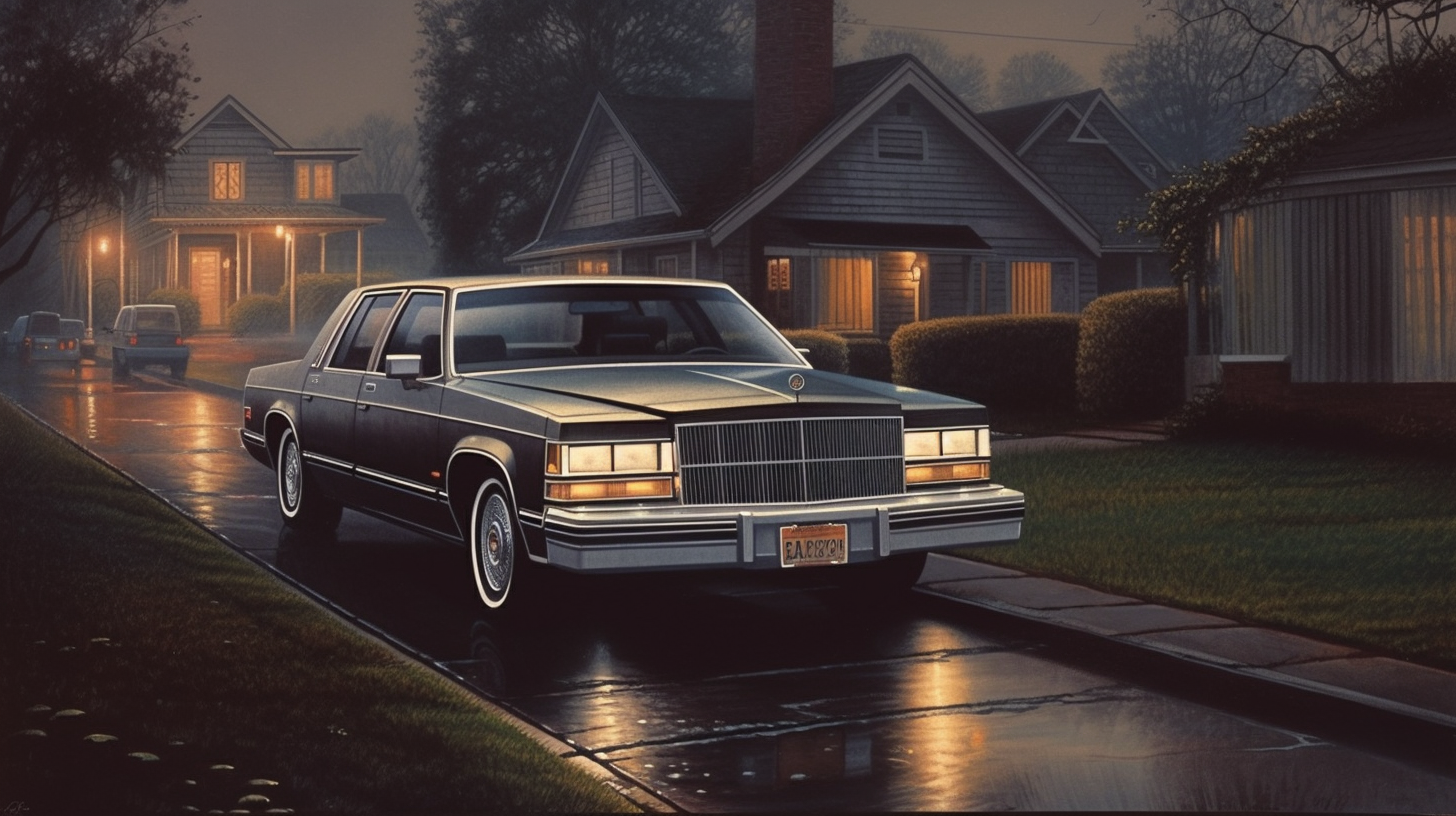 Vintage Cadillac Ad in Peaceful Suburban Neighborhood