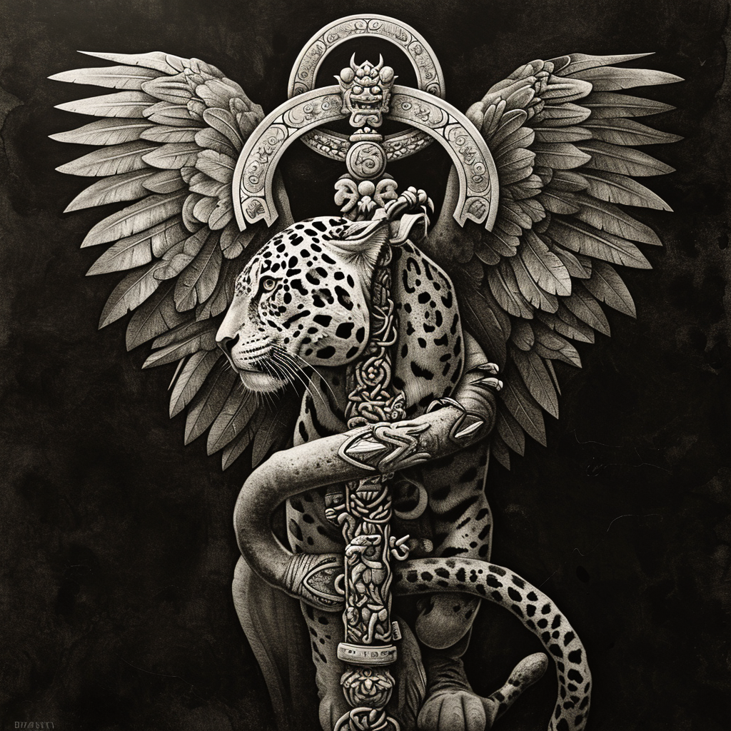 Ancient Mayan Caduceus Symbol with Jaguar