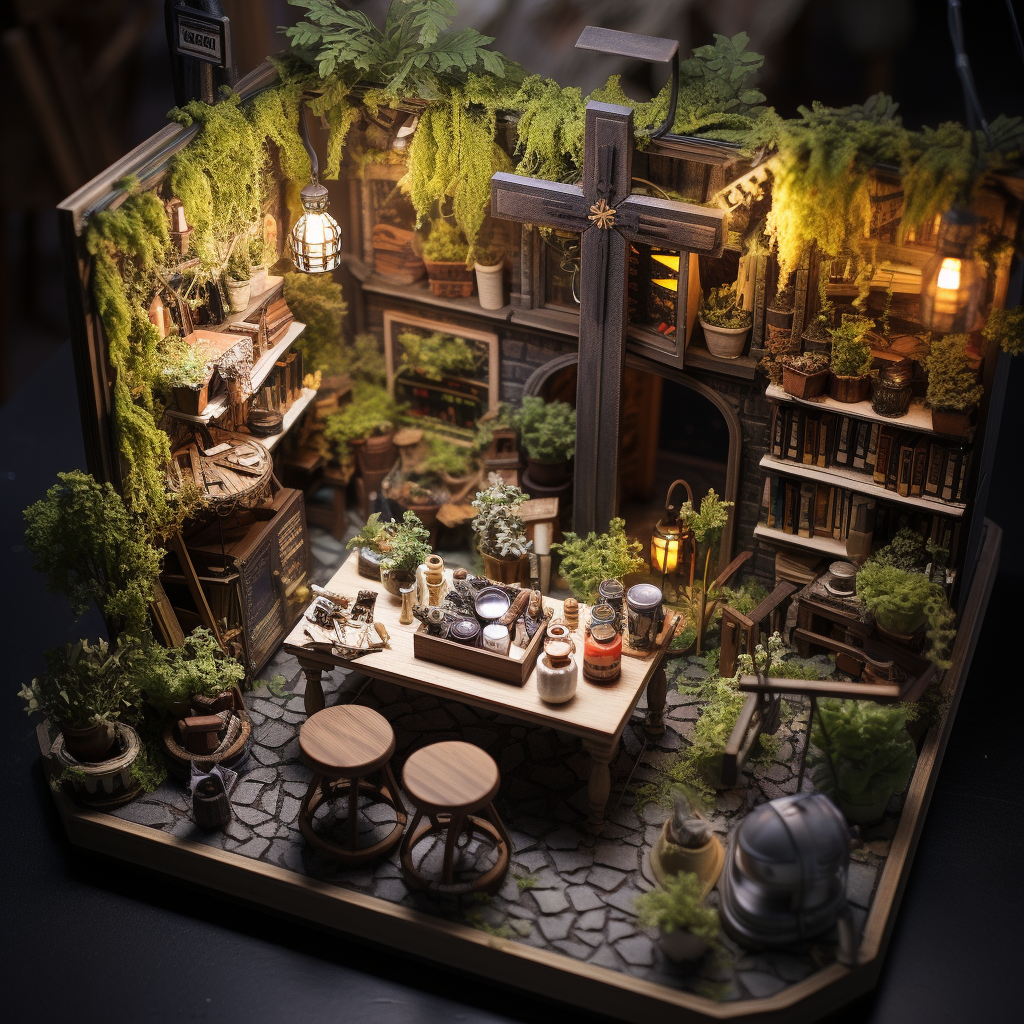 Aerial view of cafe diorama with plants and brew station