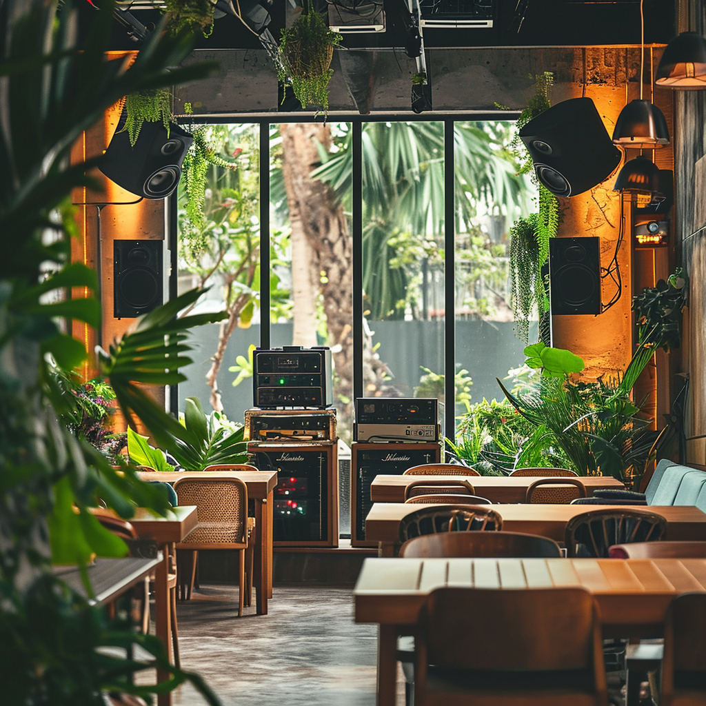 Interior of Cafe with Wooden Furniture Plants and High Fi Sound