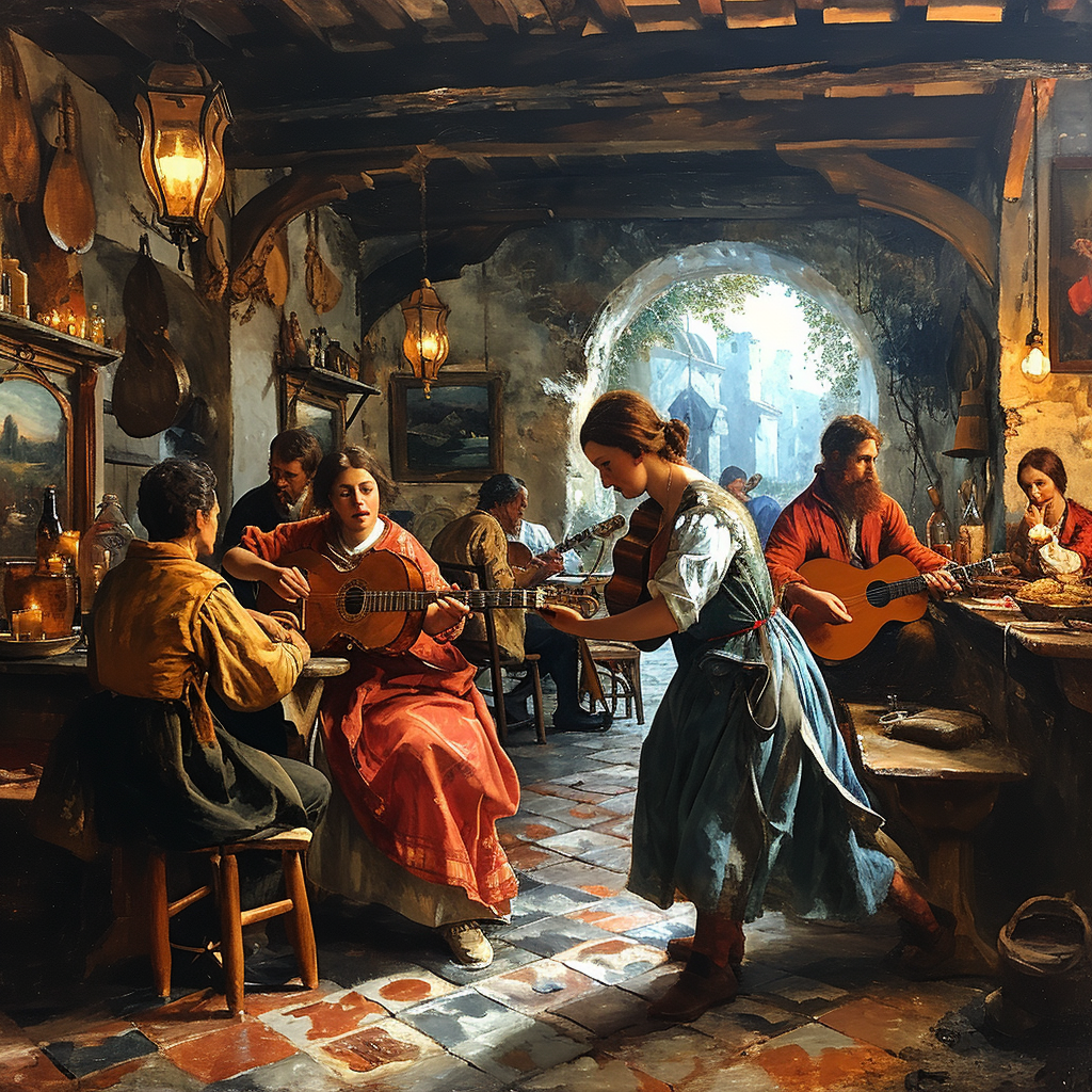 Classic Renaissance Cafe with People Playing Instruments