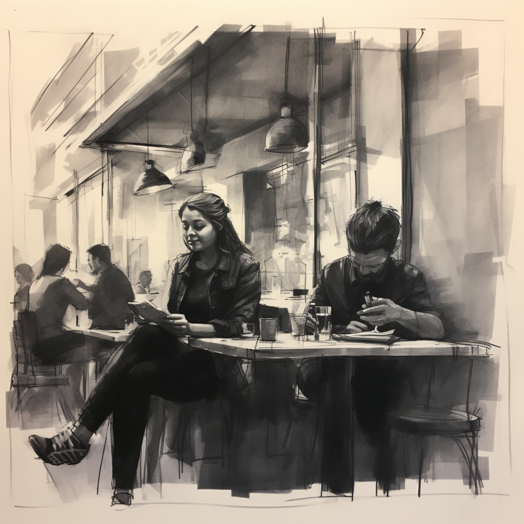 Minimal charcoal drawing of people sitting by cafe