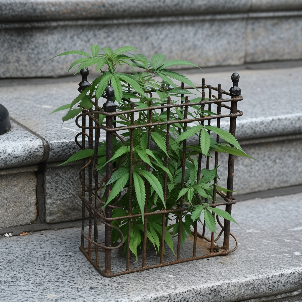 Caged cannabis plant outside state house