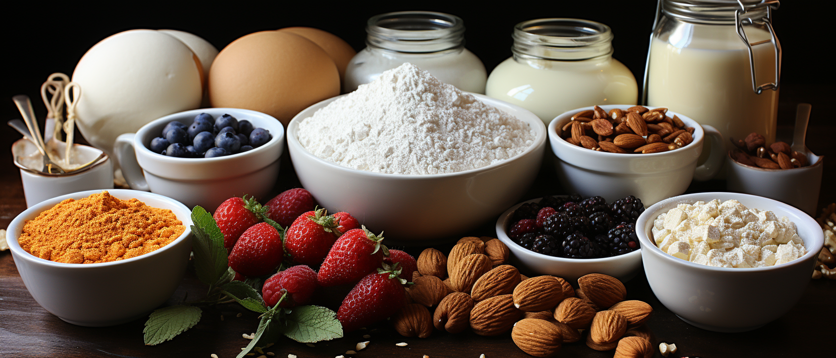 Assorted cake baking ingredients on table