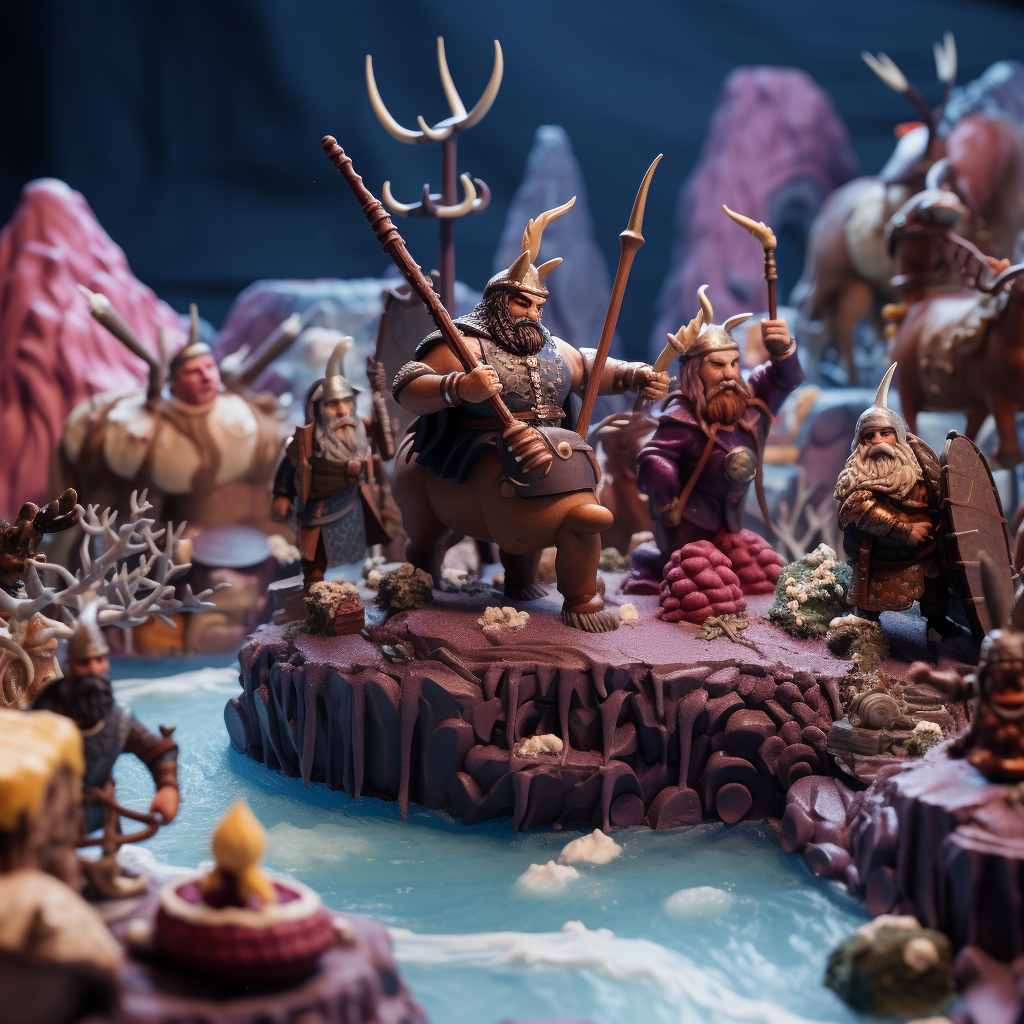 Diorama of cake vikings in blueberry cake world