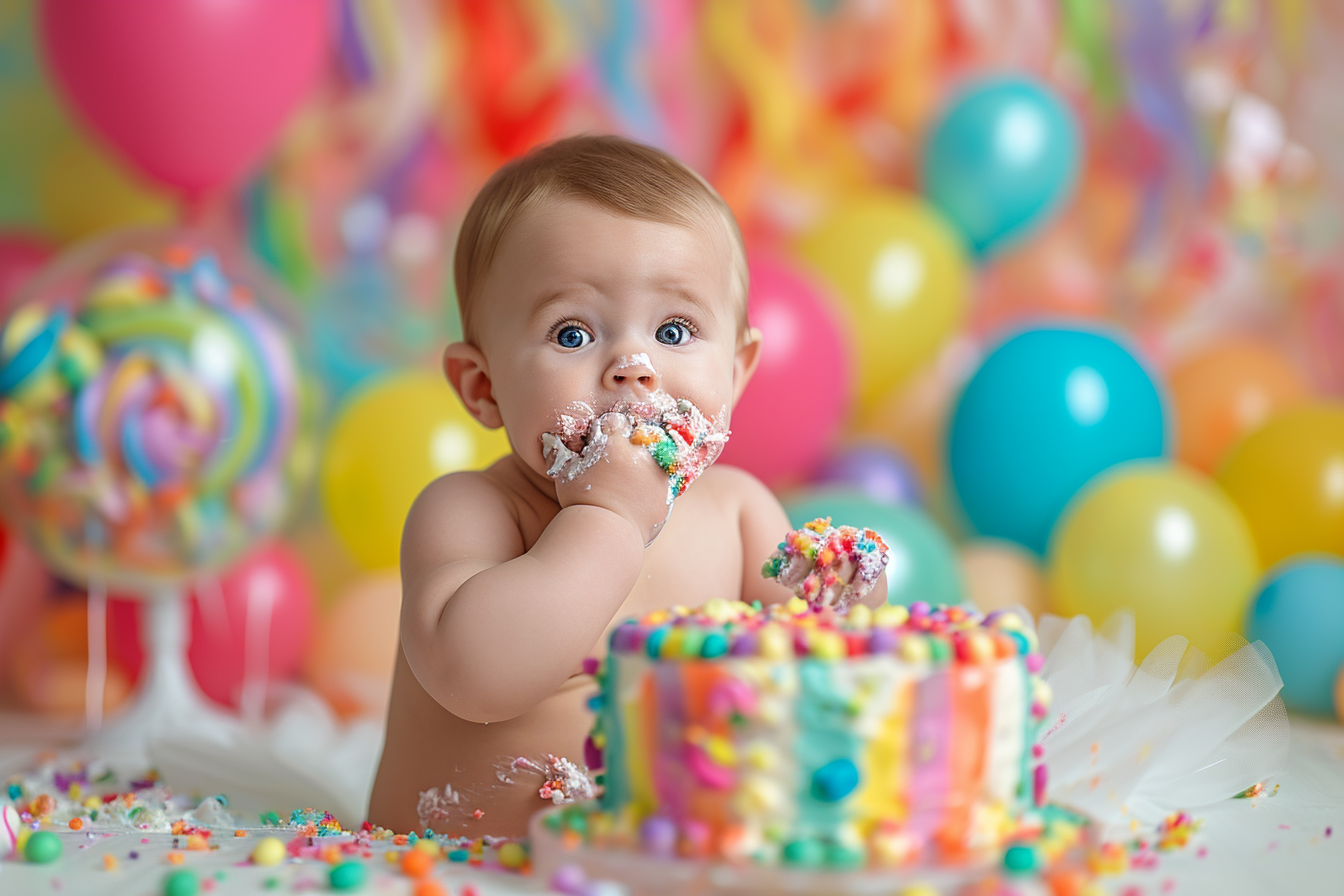 Vibrant cakesmash with one-year-old baby