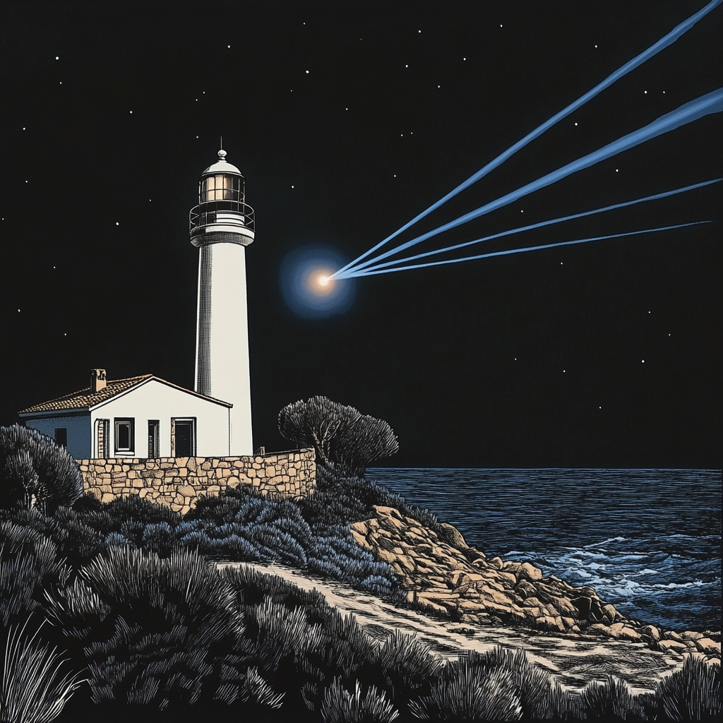 Lighthouse drawing black white night