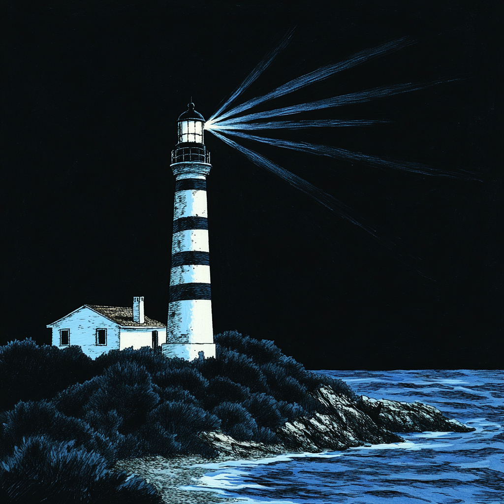 Lighthouse drawing night beams sea