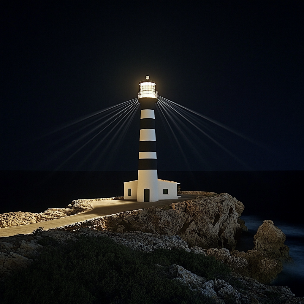 lighthouse night beams scenic view