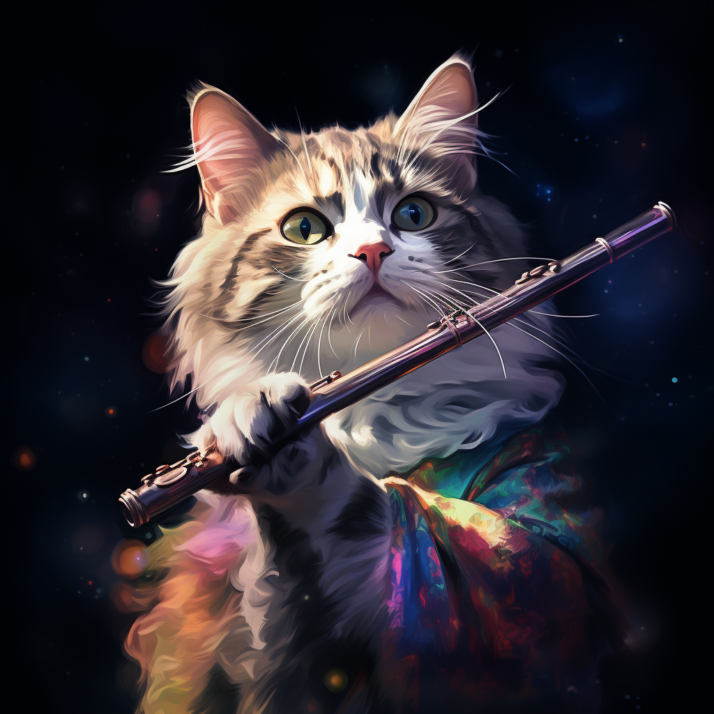 Adorable calico cat playing silver flute