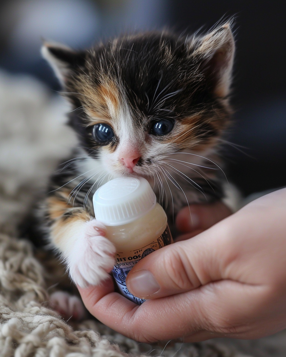 Calico kitten being bottle fed formula