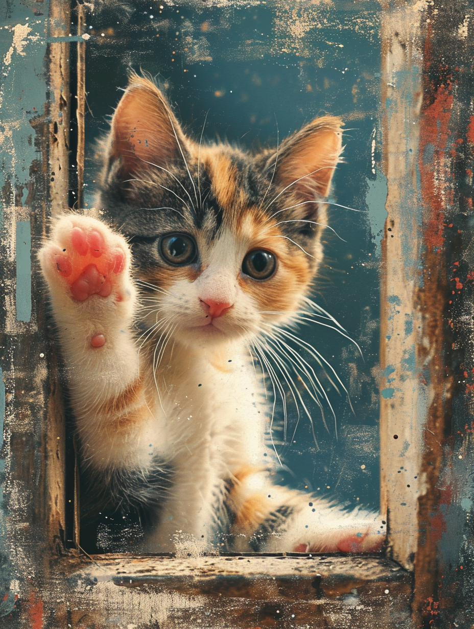 Calico Kitten Waving Paw Behind Window