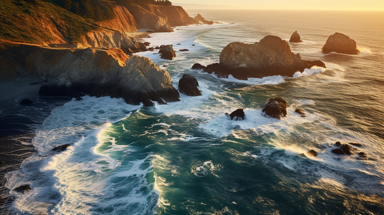 Sunset waves meeting cliffs in California coast