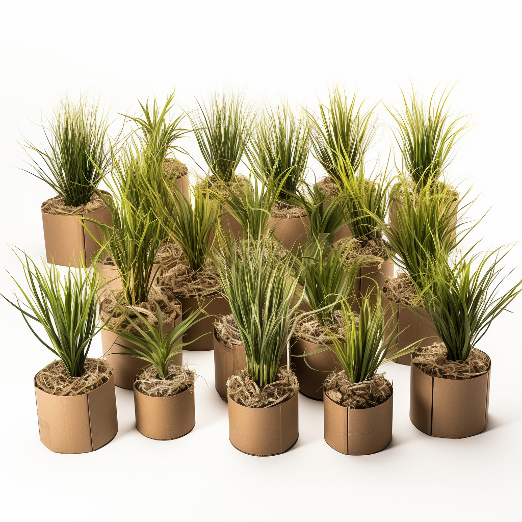 Native grass plants in round cardboard containers