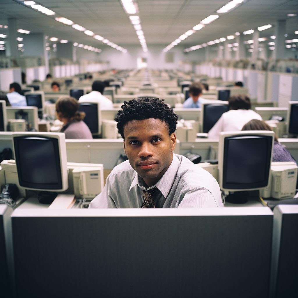 Happy call center worker in chaotic office