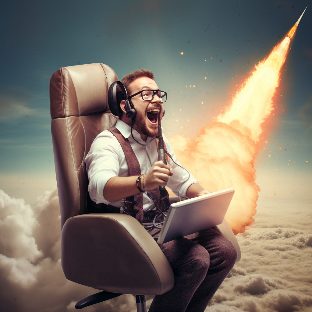 Call center agent riding rocket to success