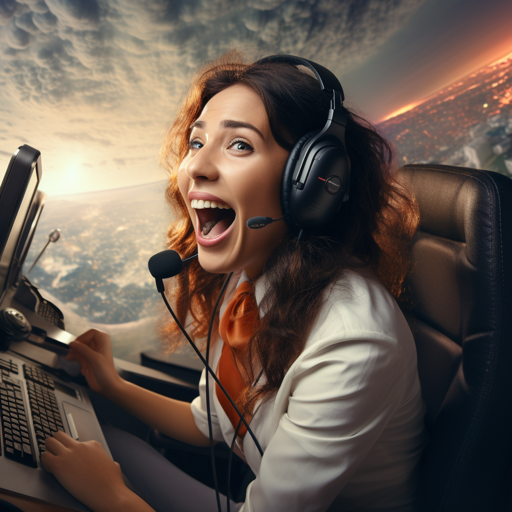 Female call center agent riding a rocket