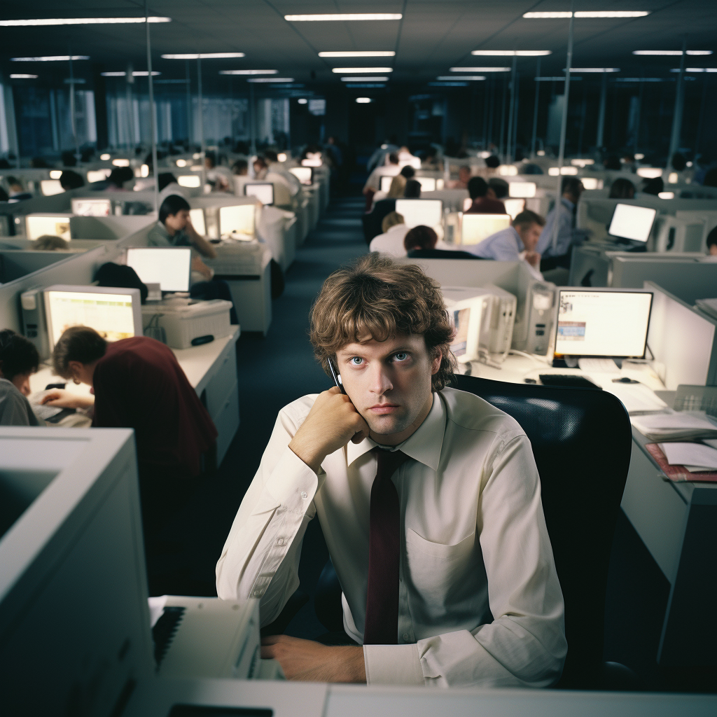 Stressed worker in call center chaos