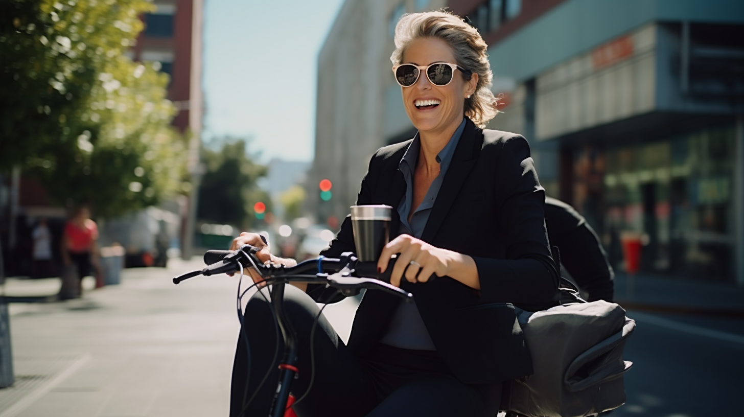 Calm business woman on pedicab holding tomato juice