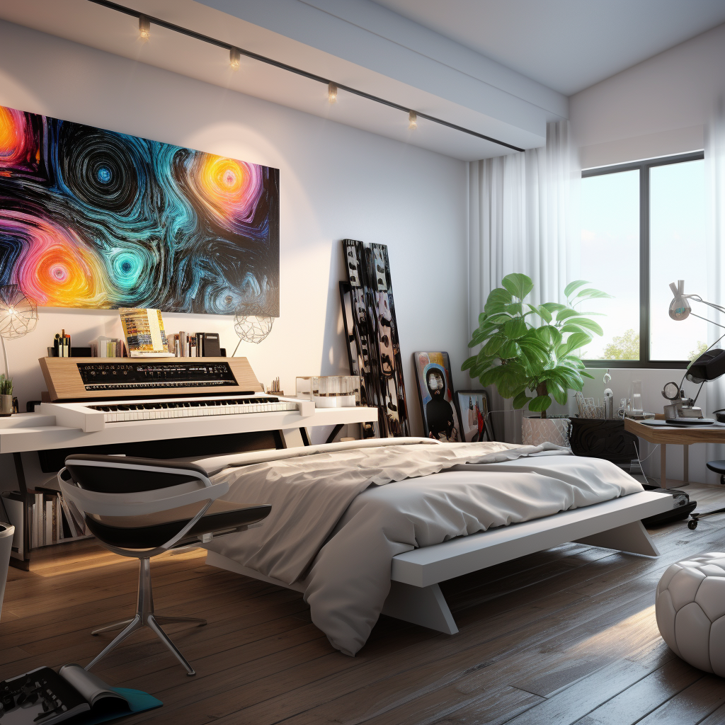 Music production desk in calm modern bedroom