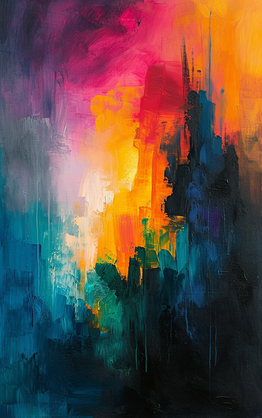 Abstract painting transitioning from calm to vibrant colors