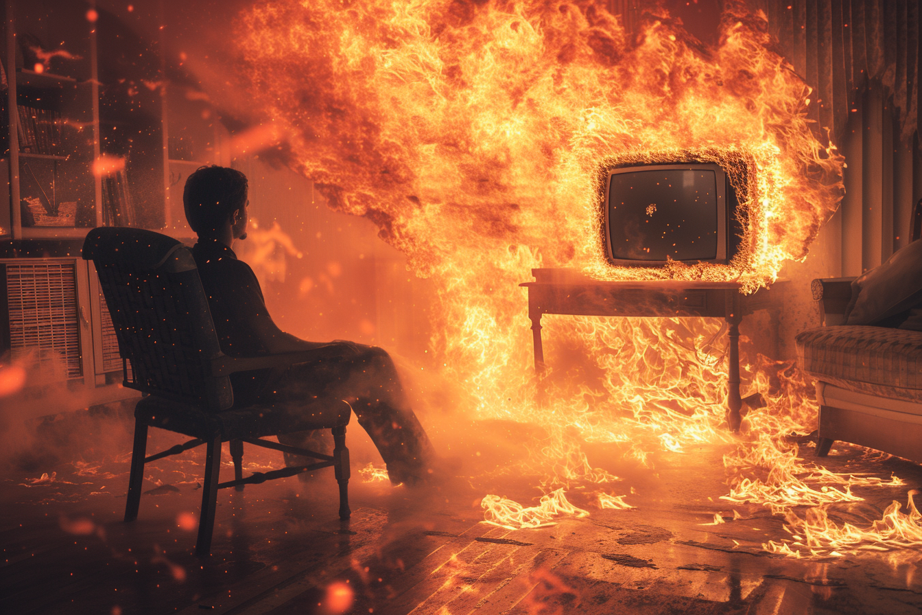 Calm person watching TV in fire