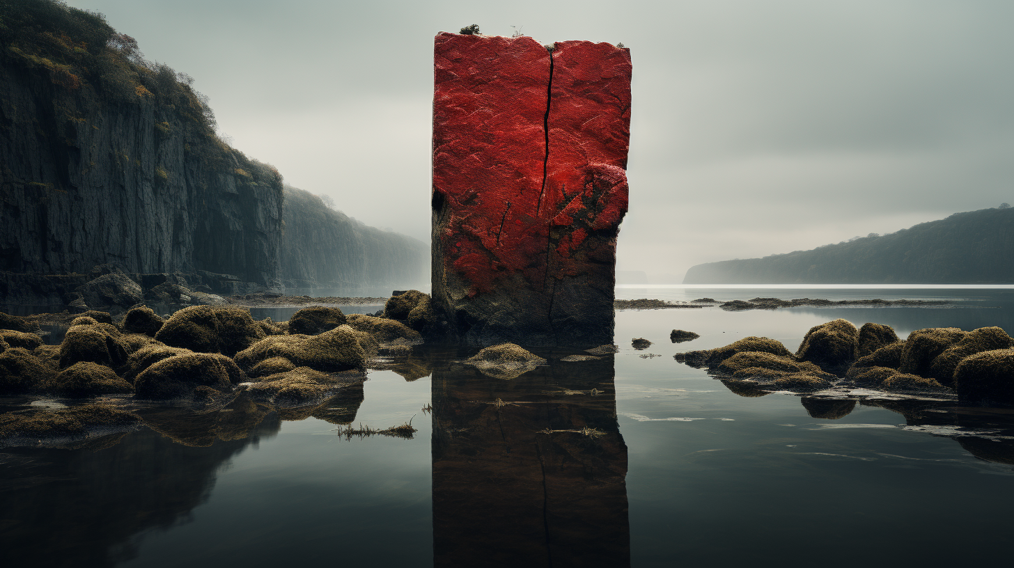 Old Rusty Stone with Red Moss on Calm Water