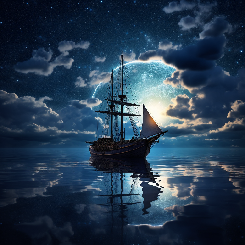 Sailing boat in moonlit calm sea