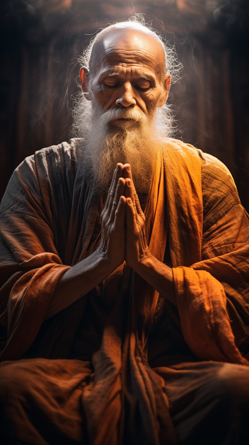 Elderly man praying at Cambodian temple