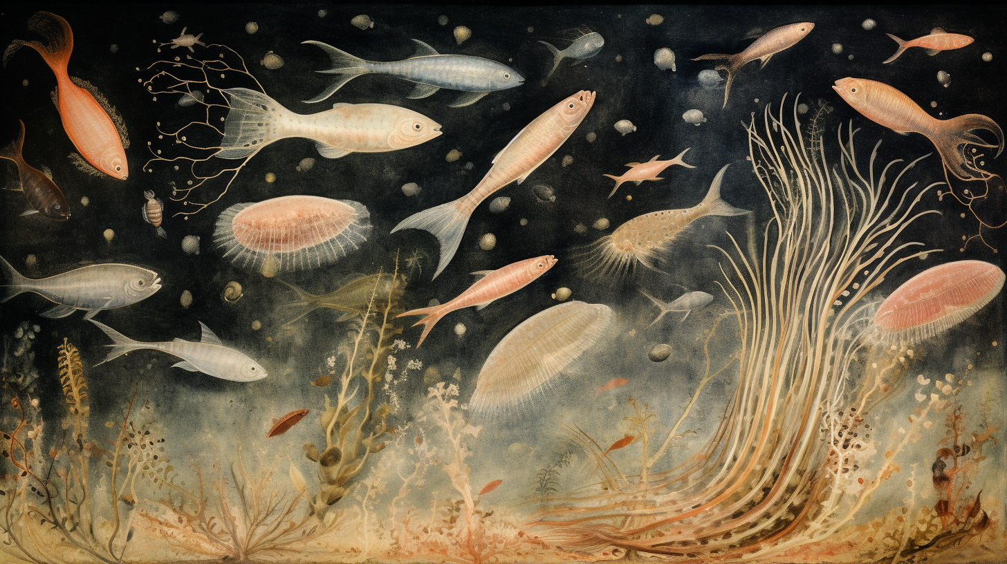 Fresco featuring fantastical creatures from the Cambrian Explosion