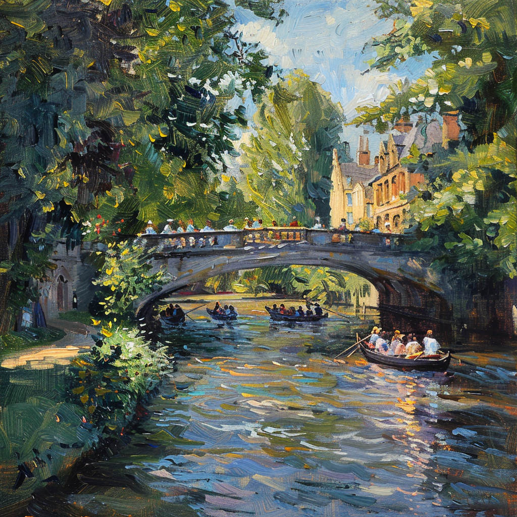 students punting under Cambridge bridge