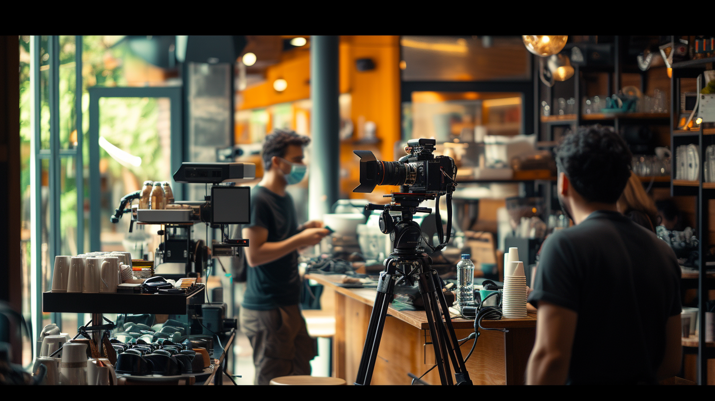 Cameramen shooting ad in coffee shop