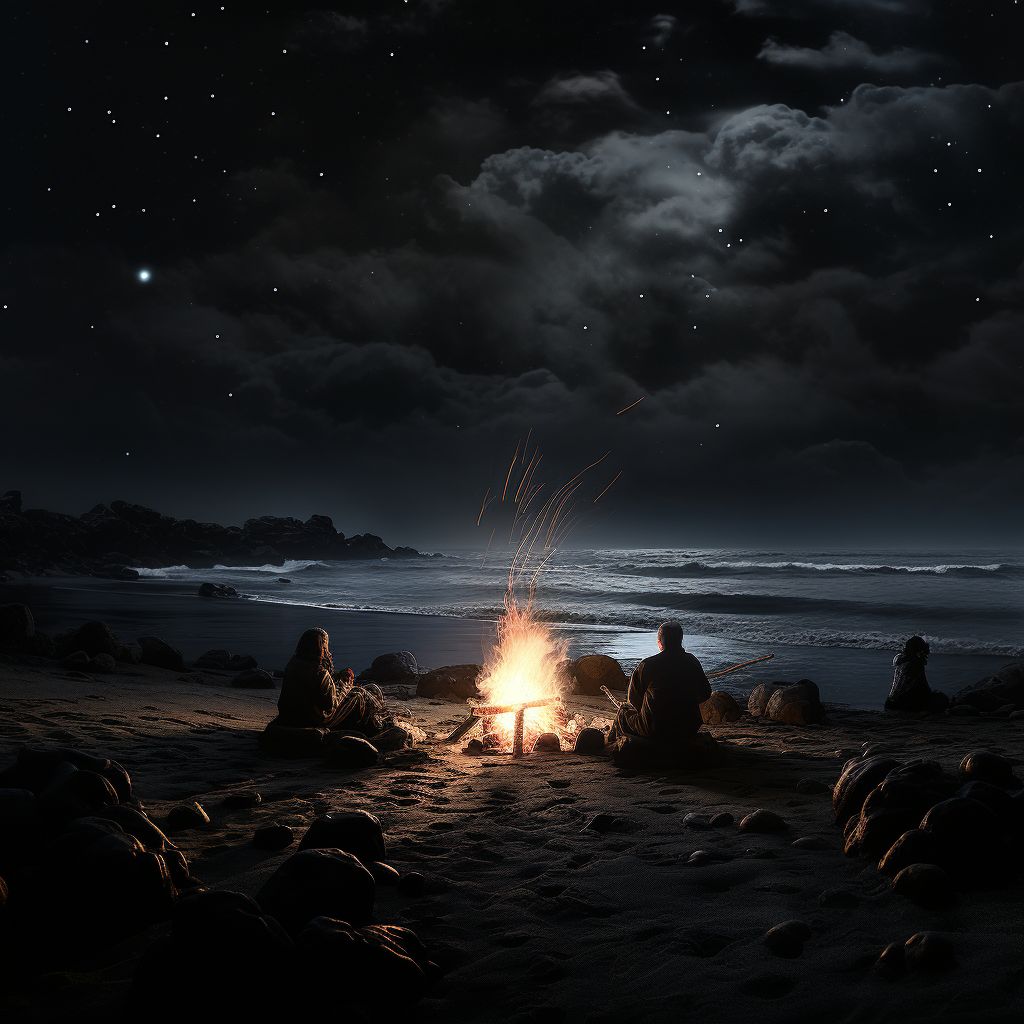 Glowing campfire on blacksand beach