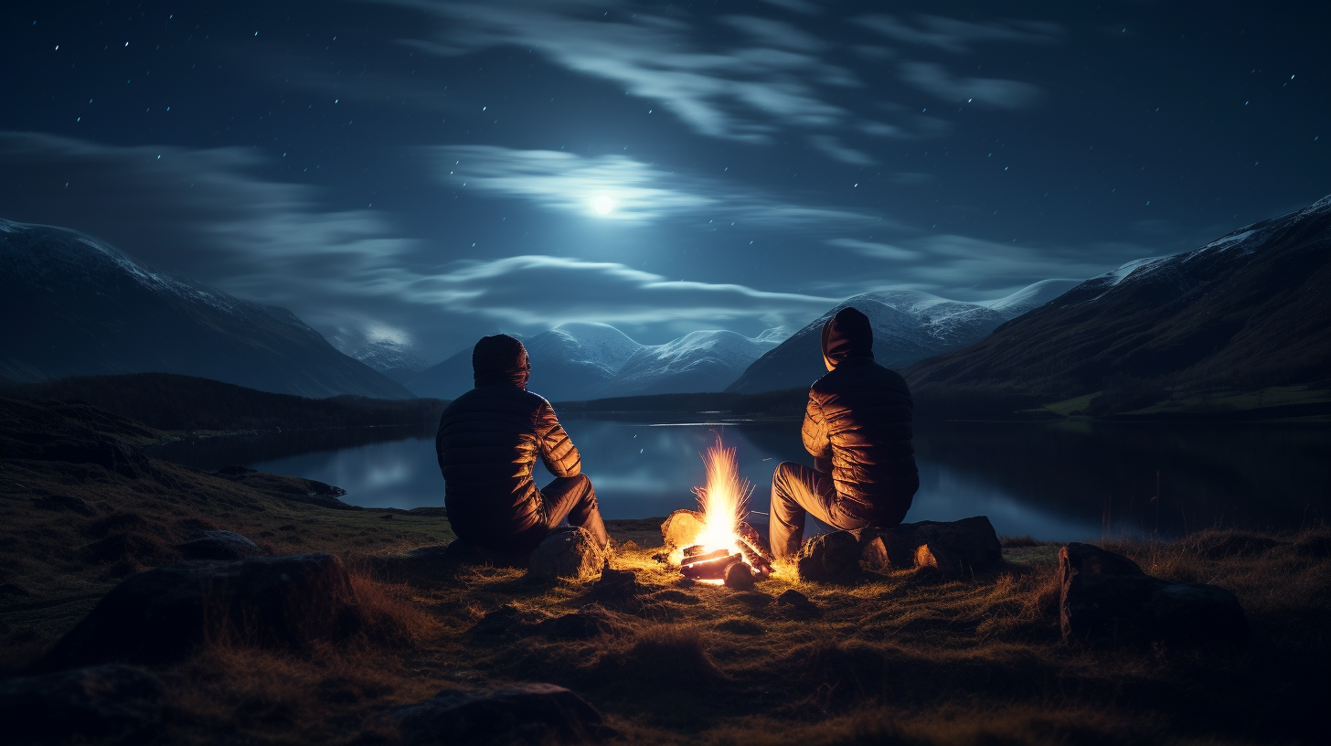 Friends sitting by campfire Scottish Highlands at night